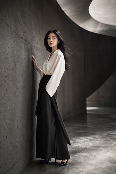 Japanese model poses in curved concrete studio with soft light
