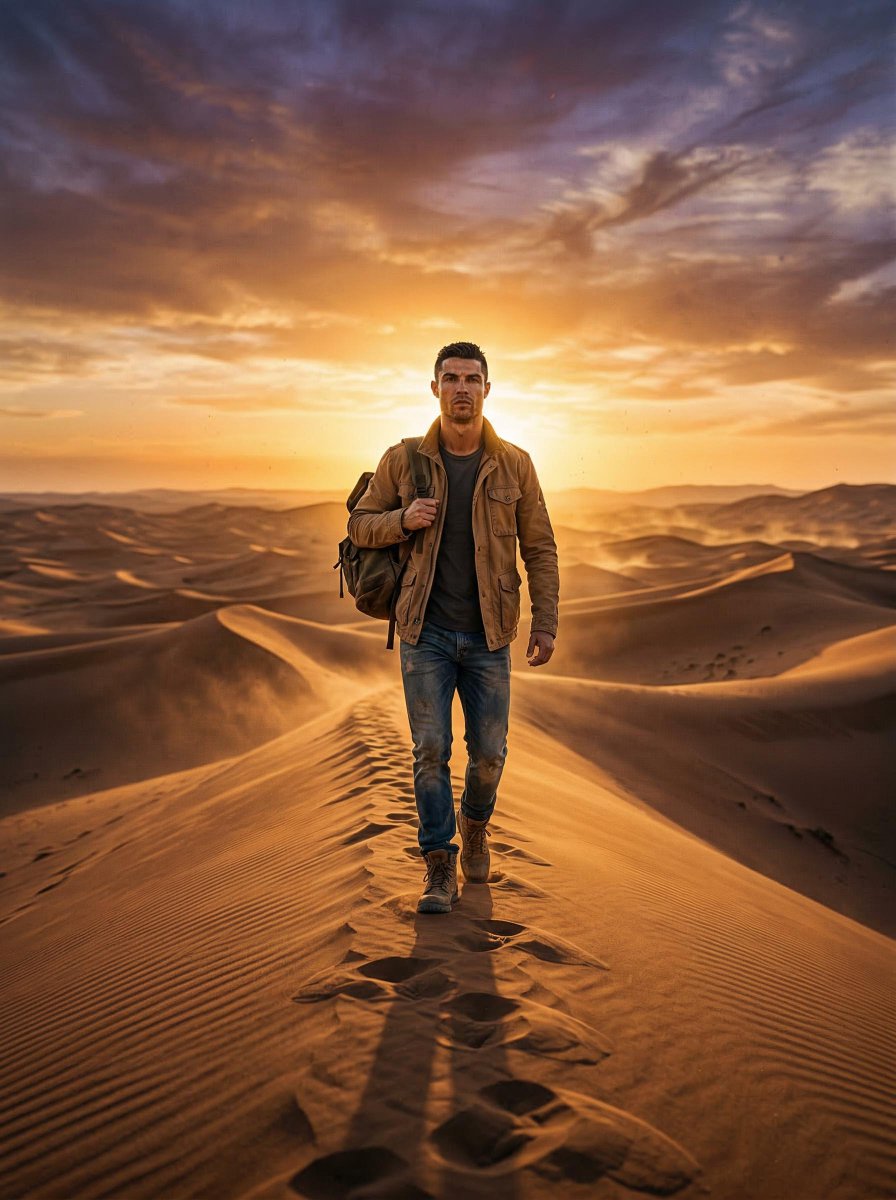 Golden Hour Trek Across Endless Saharan Dunes