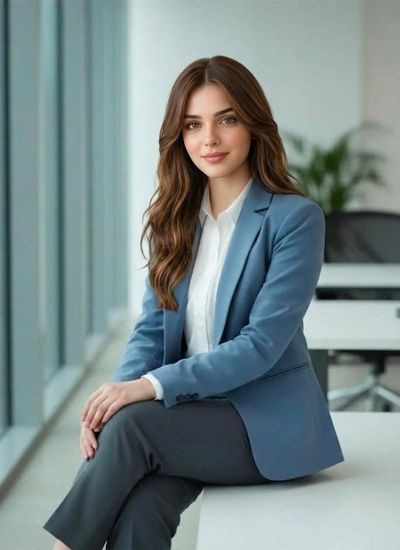 South Asian professional woman sits confidently in a sunlit modern office