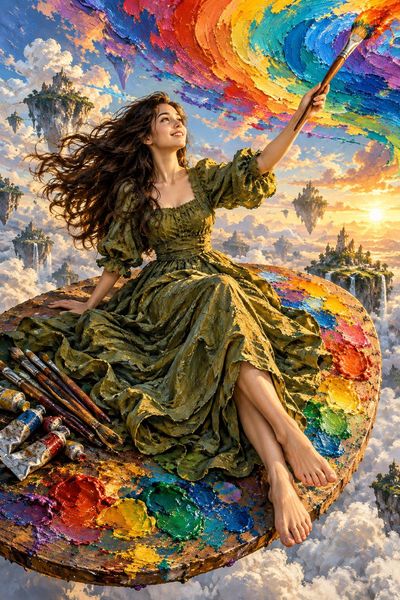 Woman artist paints swirling sky while floating on giant palette