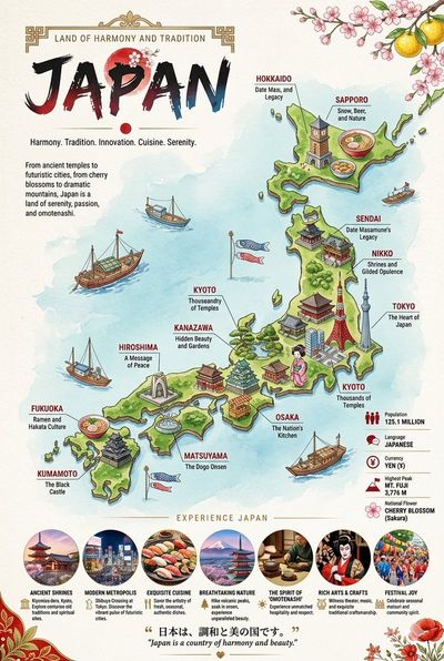 Japan and Russia illustrated travel maps show cultural landmarks and foods.