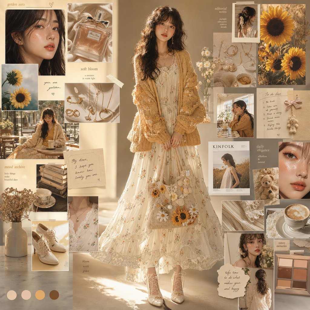 A woman in a floral dress and crochet cardigan poses elegantly