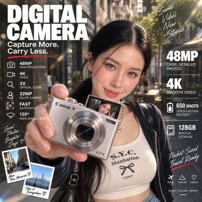 Young Woman Holds Silver Camera on Sunlit City Street