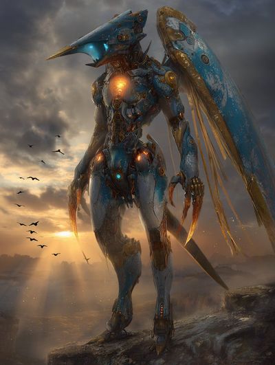 Biomechanical Winged Figure Stands on Rocky Outcrop Under Golden Sunbeams