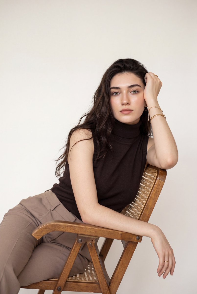 Woman leans on wooden chair in minimalist luxury portrait