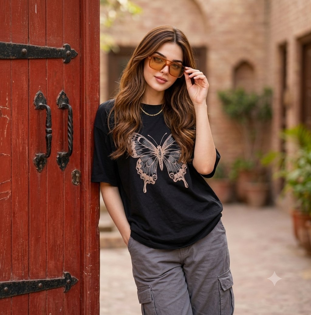 A stylish woman leans against a rustic red door in sunlight.