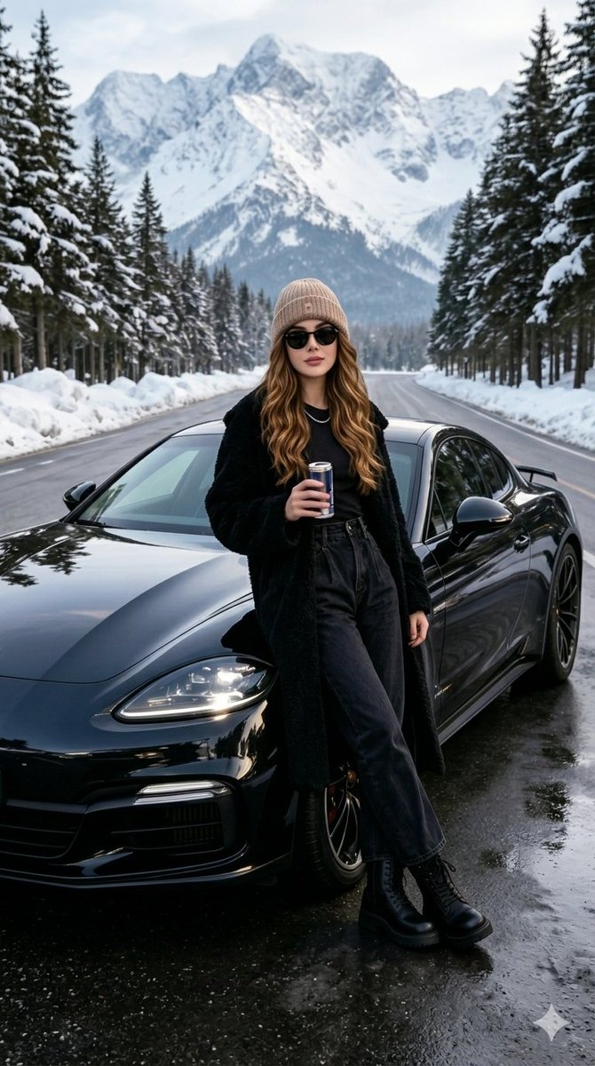 A stylish woman leans on a luxury car in a snowy mountain pass
