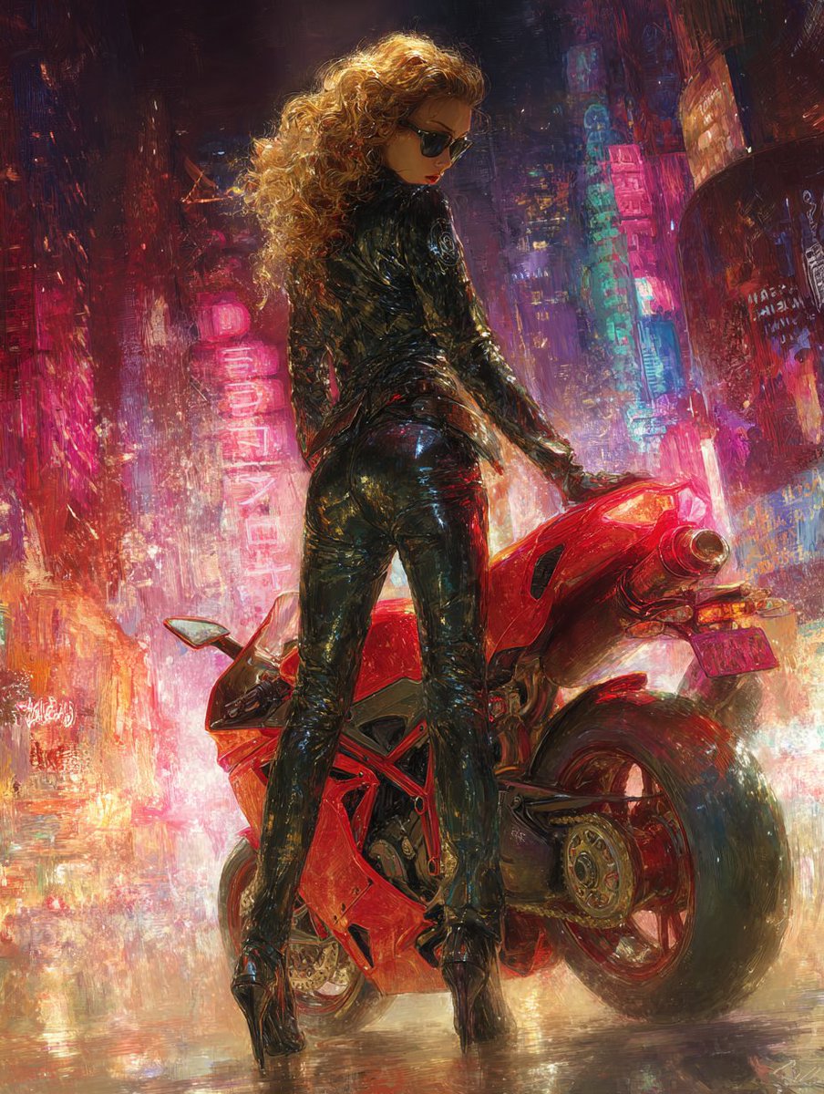 Blonde rider in black leather stands beside red bike in neon city