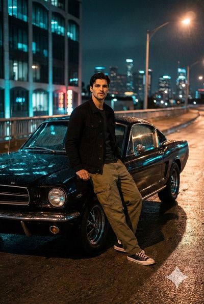 Cool Night Vibes: Mustang, City Lights, and a Confident Stance