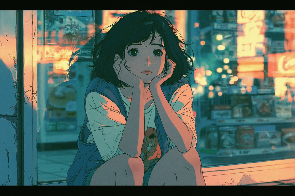 A fragile girl stands beneath neon signs in melancholic rain