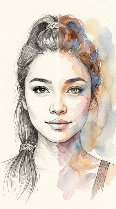 Split-medium portrait blends pencil sketch with watercolor wash