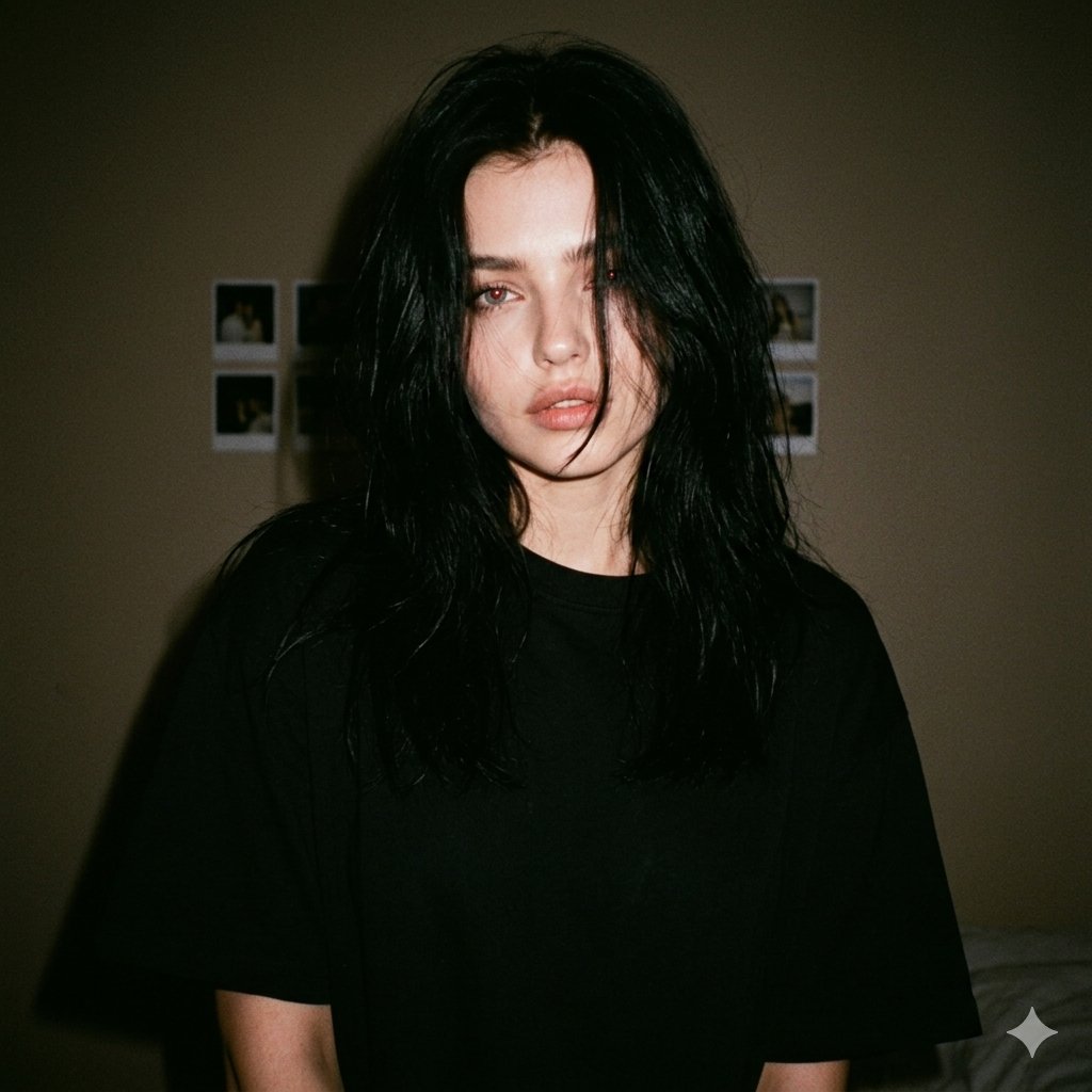 A pale woman with black hair stares calmly in harsh flash