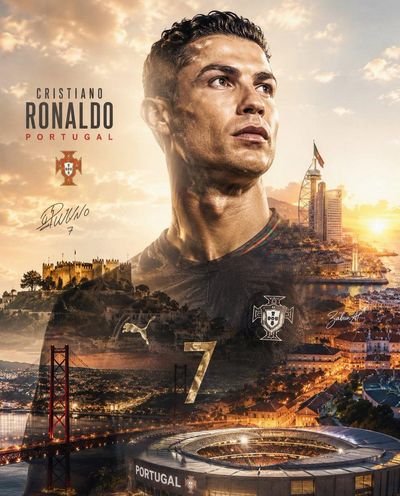 Legendary footballer gazes at horizon while city blends into his jersey