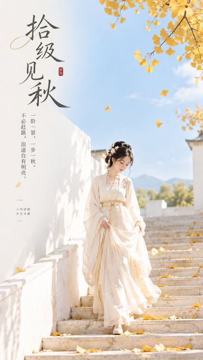 Serene woman in ancient dress stands on white steps under clear sky