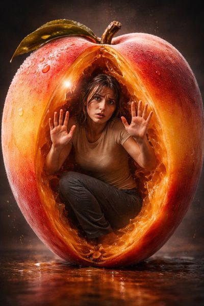 Trapped in a Peach: A Surreal Portrait of Confinement