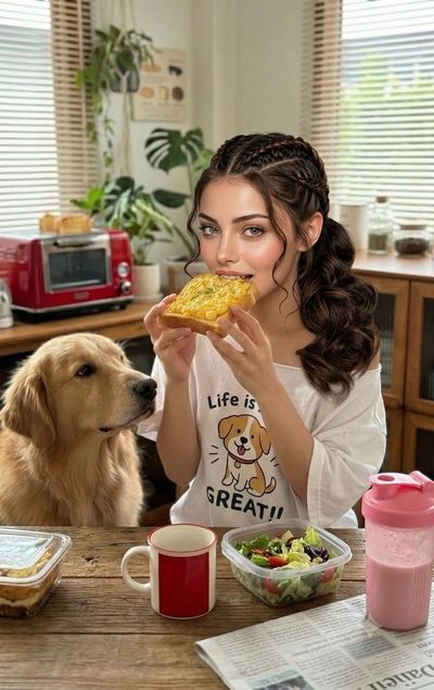 Woman bites brioche toast while Golden Retriever watches in sunlit kitchen