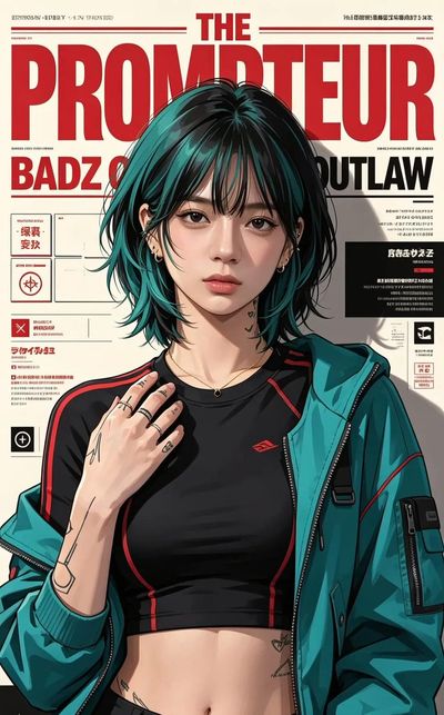 Cyberpunk woman in teal jacket poses on futuristic magazine cover