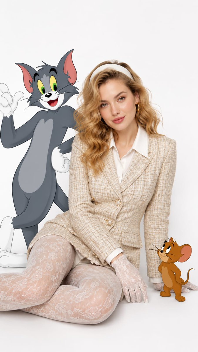 Elegant blonde woman poses with cartoon cat and mouse in studio