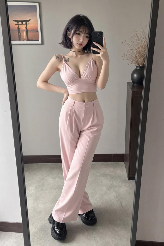 East Asian woman in pink outfit takes mirror selfie in modern room