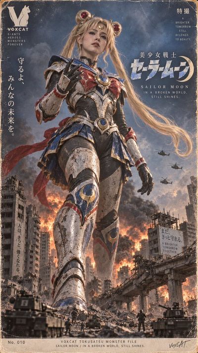 Colossal armored hero stands tall above burning miniature city ruins