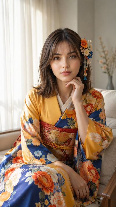 Young woman in colorful kimono sits gracefully on sofa