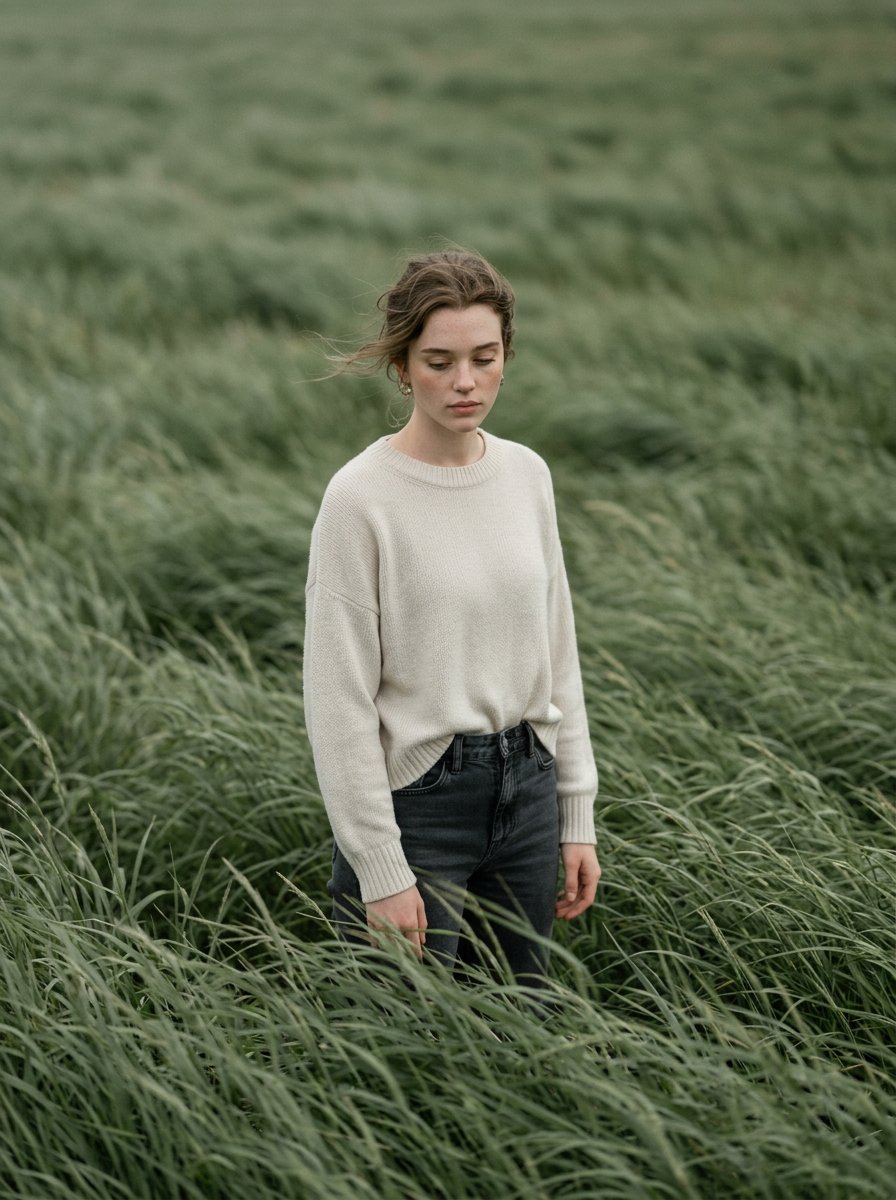 Solitary Figure Amid Sage Green Waves of Wind-Swept Grass