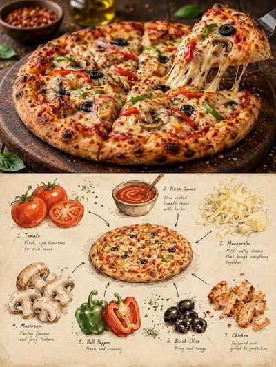 Editorial food poster splits photo and sketchbook for a local dish