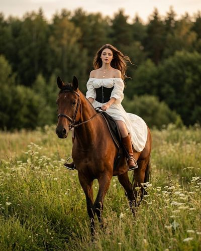 Equestrian fashion model rides horse through sunlit meadow with forest backdrop.