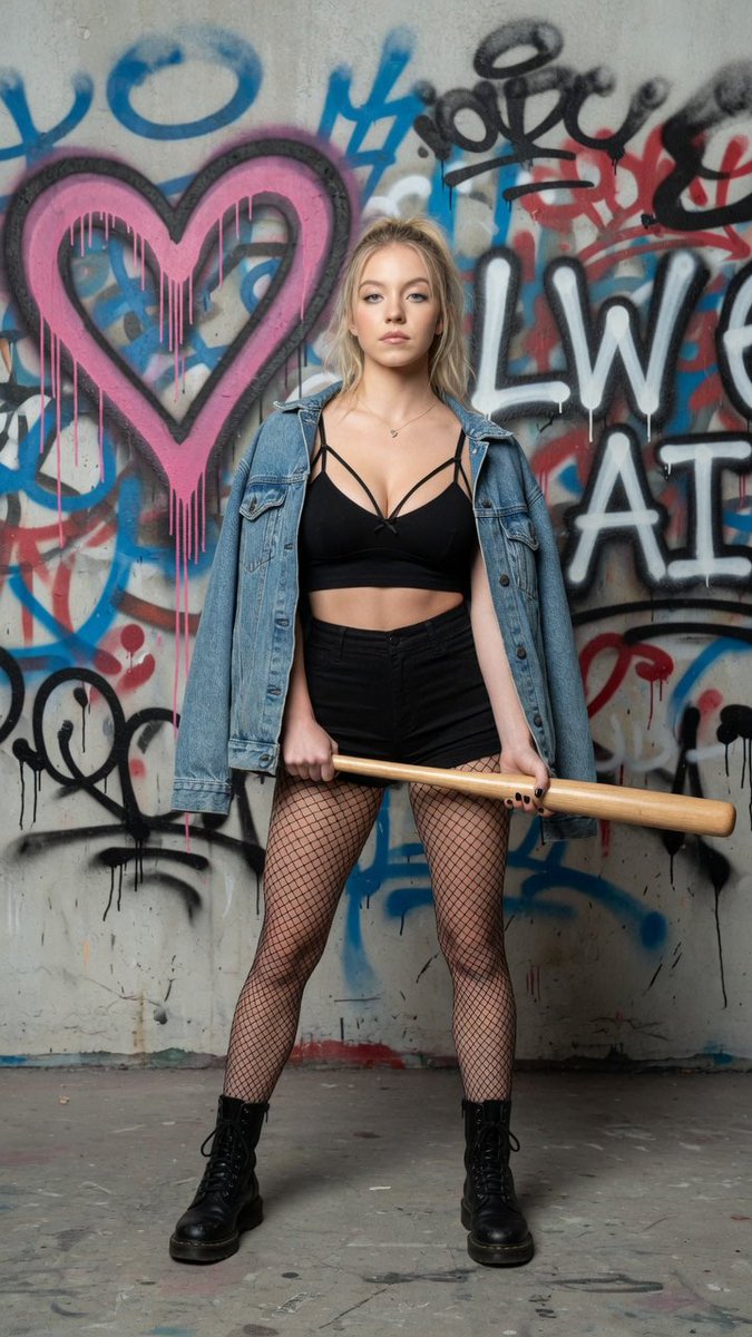 Sydney Sweeney grips a baseball bat in a graffiti alley