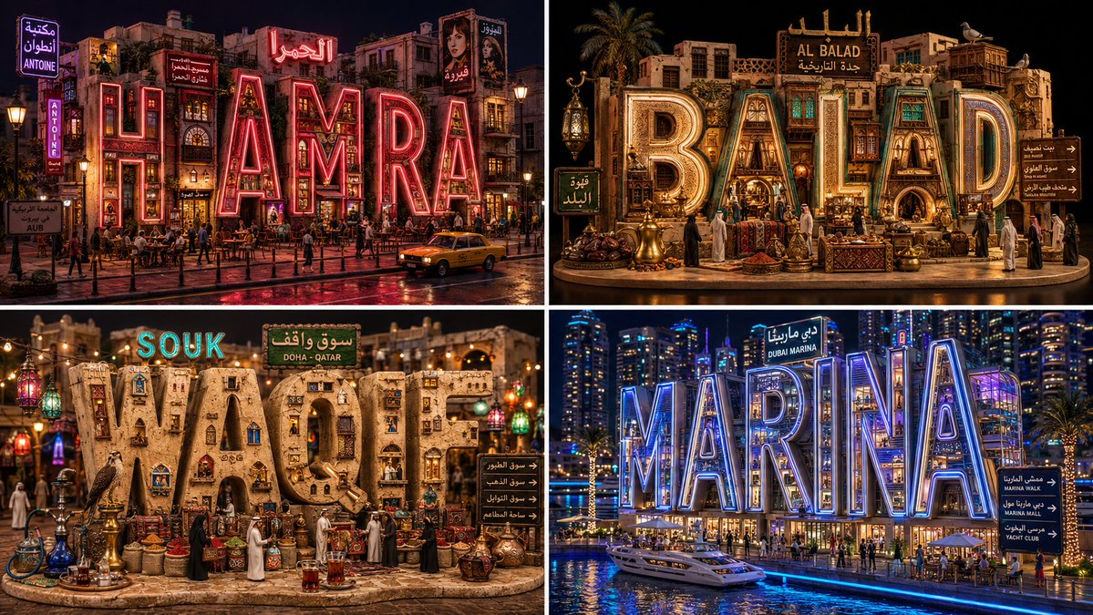 Four Middle Eastern neighborhoods glow in a neon word grid
