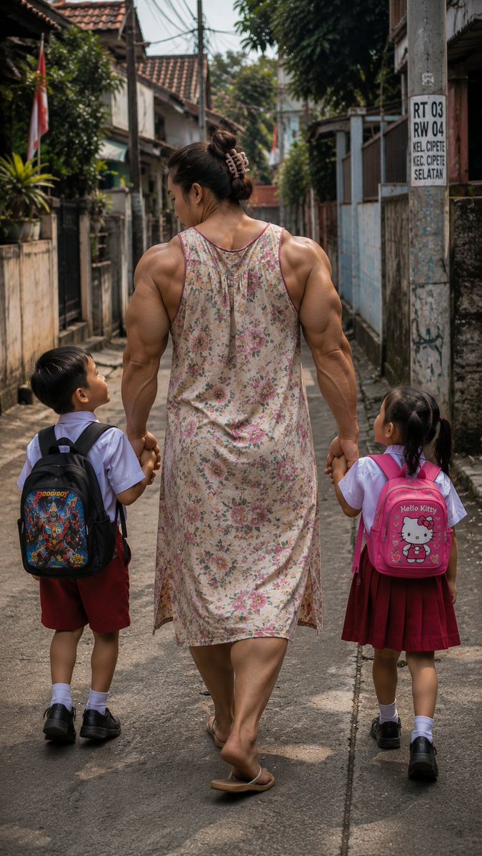 A muscular mother in a floral daster shields her children from bullies