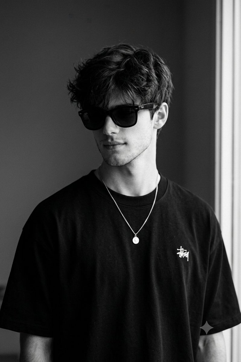Young man in black sunglasses poses with confident streetwear style
