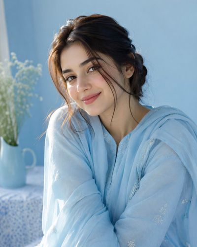 Warm smile in soft blue light with embroidered shalwar kameez