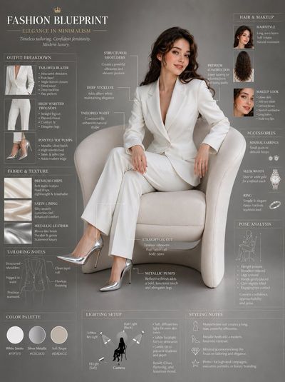 Confident young woman in white blazer poses on cream lounge chair