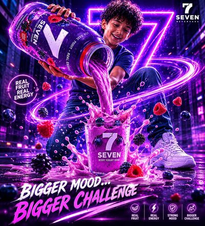 Curly-haired boy stands heroically behind giant berry yogurt bottle