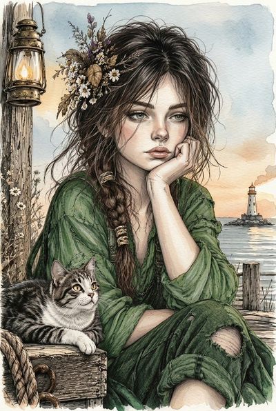 Pensive Woman on Dock with Tabby Cat at Sunset