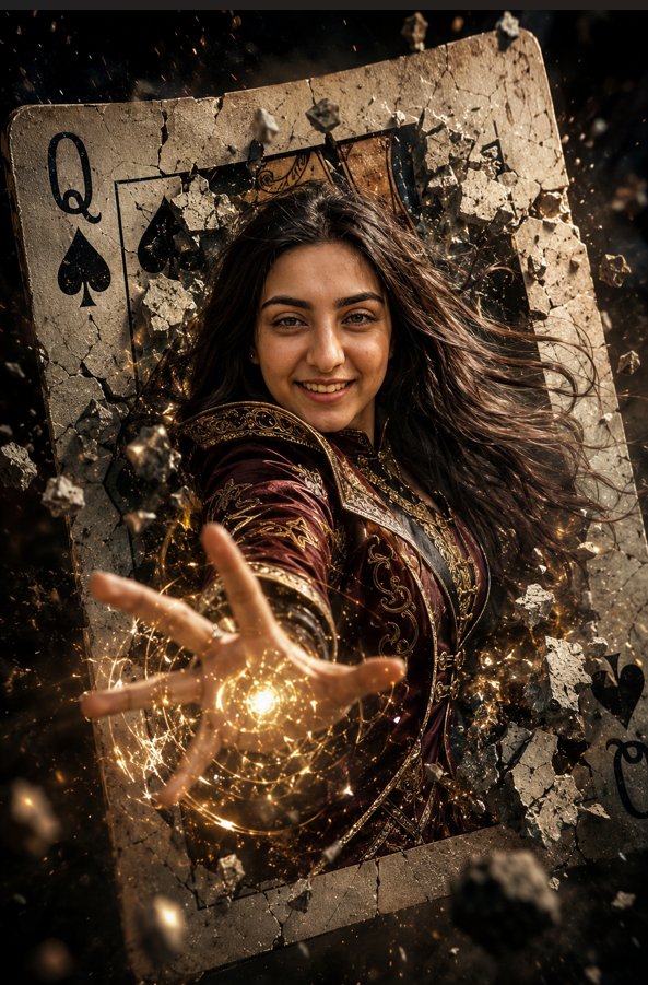 Queen Anisha shatters an ancient rune card with golden magic.