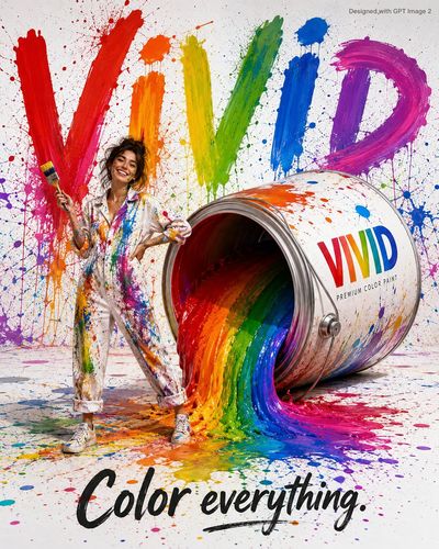 A cheerful painter stands beside a giant paint can spilling colors