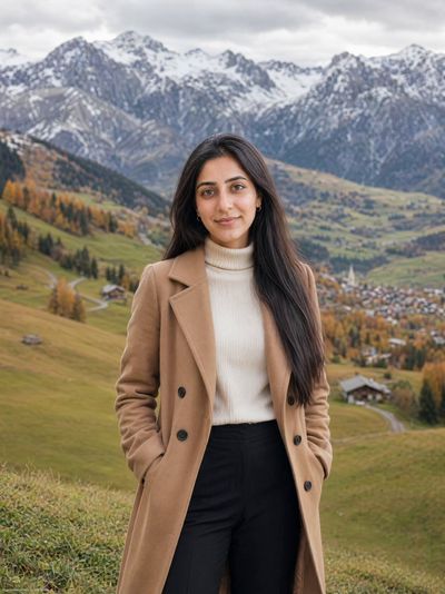 Woman in camel coat stands on alpine meadow under cloudy sky.