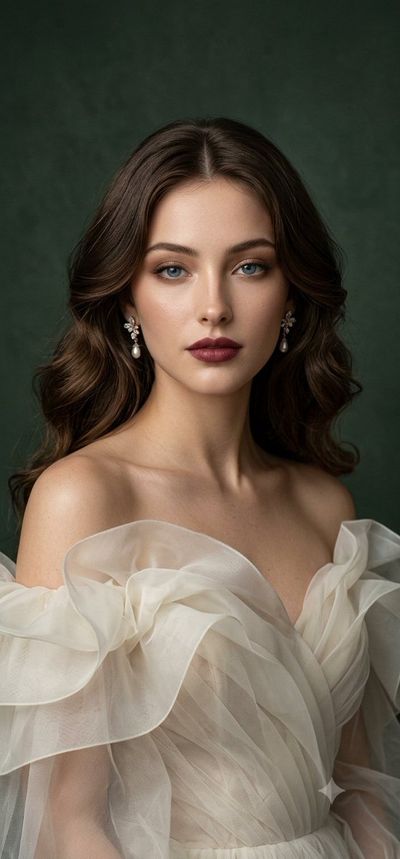 Elegant Woman in Ivory Couture Gown Poses Against Forest Green