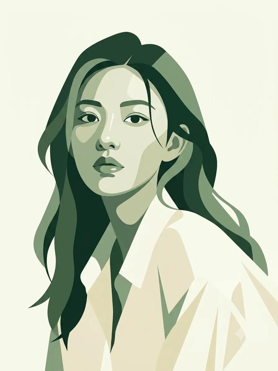 A serene portrait in forest green with geometric shadows