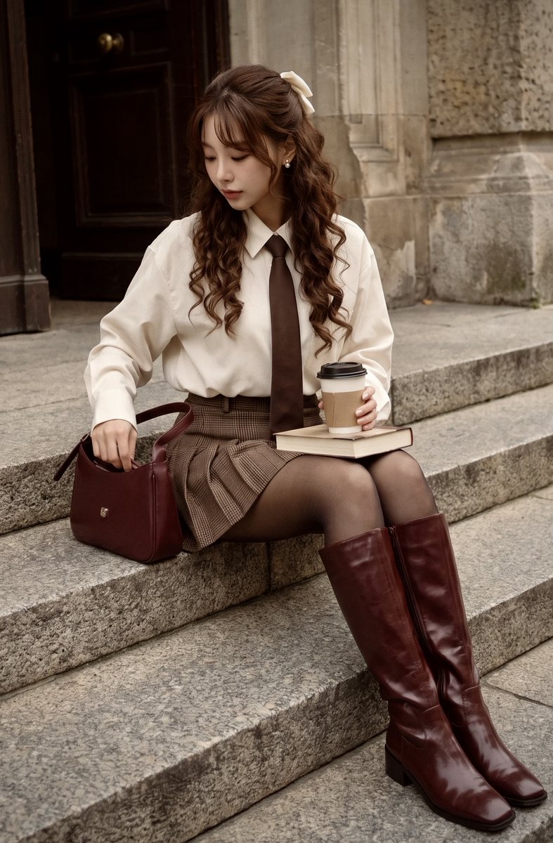 Young woman in burgundy boots searches her bag on autumn steps