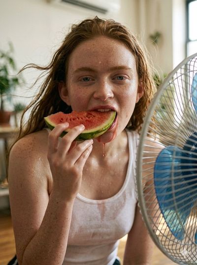 Exhausted woman kneels by fan seeking relief from summer heat