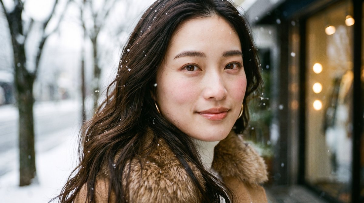 Japanese woman in camel coat walks snowy street in winter light