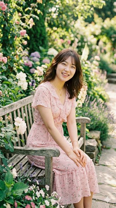 A cheerful woman smiles in a sunlit English garden