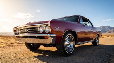 A classic red muscle car gleams on a desert road at golden hour