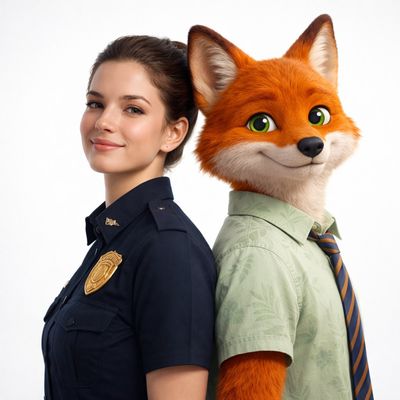 Polished Duo: Human & 3D Fox in Cinematic Fashion Fusion