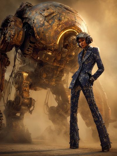 Stylish woman in sequined suit poses before a giant golden robot