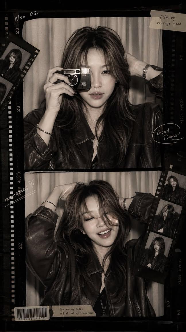 Vintage photobooth collage of a glamorous woman in leather jacket