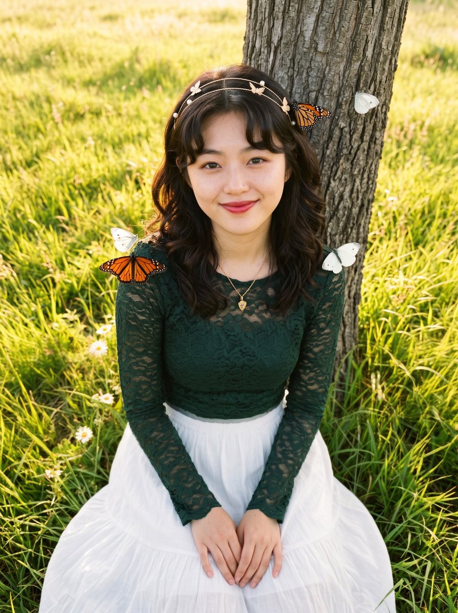 Serene Woman Rests Against Tree While Butterflies Land Gently
